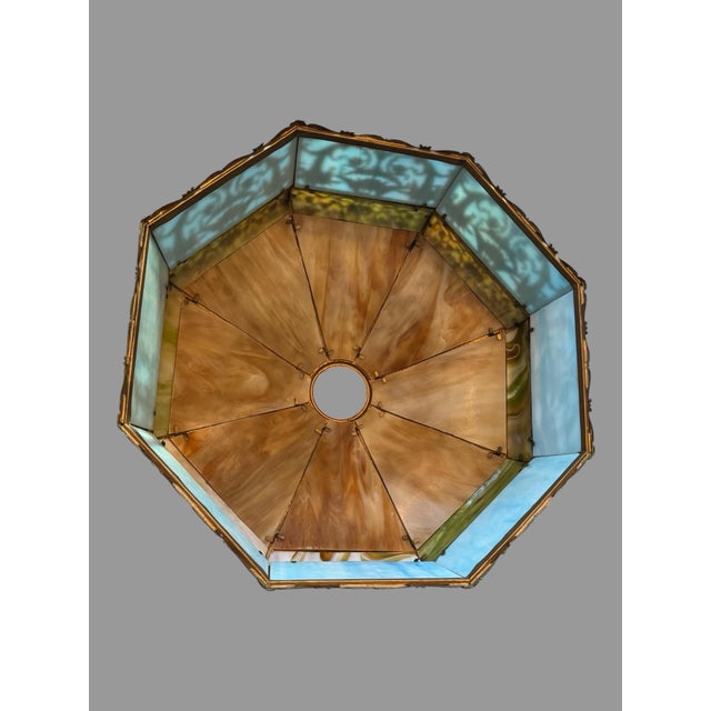 Glass Early 20th Century Victorian Table Lamp With Multiple Molded Colored Slag Glass Lamp Shade Panels 27" For Sale - Image 7 of 12