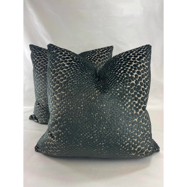 2020s Dot Cut Velvet in Navy 22" Pillows-A Pair For Sale - Image 5 of 5