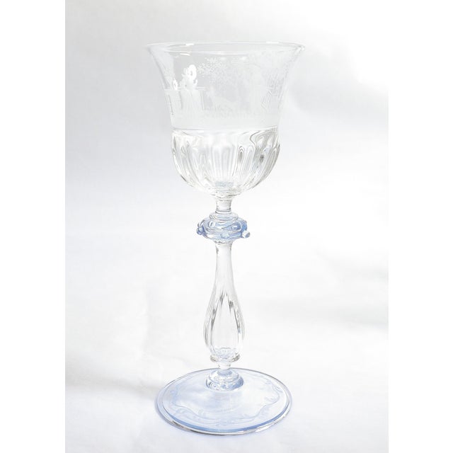 Pair of Salviati Engraved Venetian / Murano Glass Wine Goblets or Stems For Sale - Image 4 of 13