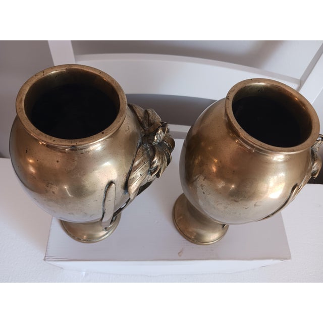 Antique Pair Japanese Bronze Iris Vases 19th C. Meiji Period Signed For Sale In Milwaukee - Image 6 of 10