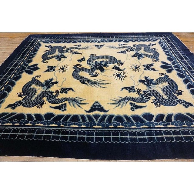 Chinese 1890s Ivory and Blue Antique Cloud Band Design Chinese Dragon Peking Rug For Sale - Image 3 of 9
