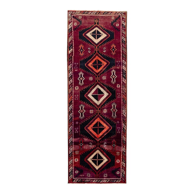 1960s Vintage Azeri Handmade Burgundy Wool Runner With Tribal Pattern For Sale