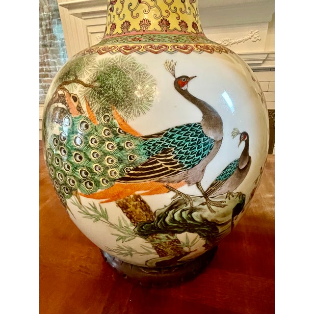 Pair of Large 23” Chinese Jingdezhen Famille Rose Porcelain Peacock Vases on Wood Stands For Sale - Image 11 of 14