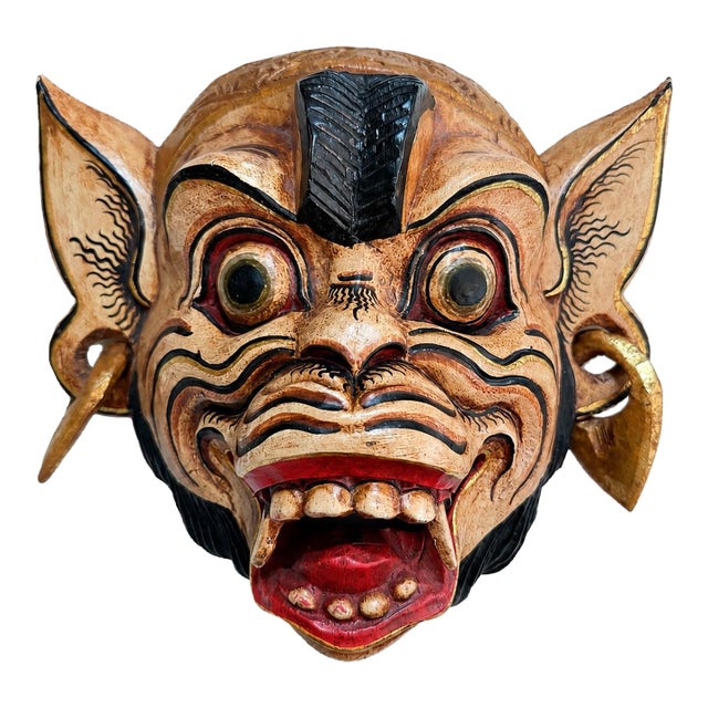 Vintage Balinese Hand-Carved & Painted Barong Monkey Wood Wall Mask For Sale