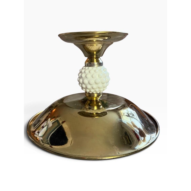 Gold Vintage Hollywood Regency Hobnail Milk Glass & Gold-Tone Pedestal Compote Bowl For Sale - Image 8 of 9