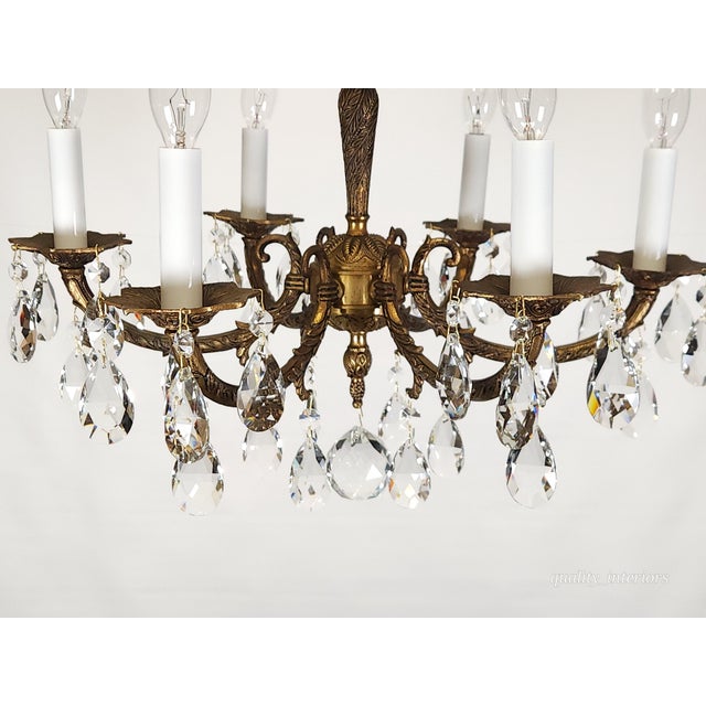 Shabby Chic Antique 6 Arm 6 Light Svelte Shimmering Brass Cut Lead Glass Crystal Chandelier For Sale - Image 3 of 11