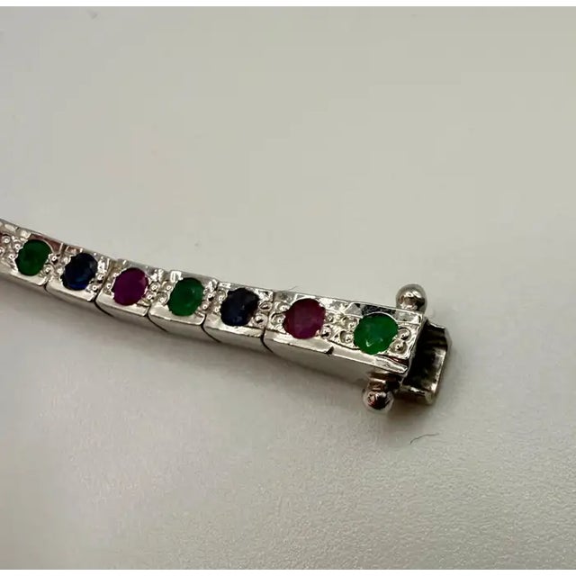 Art Deco Style Sterling Silver Ruby, Emerald & Sapphire Tennis Bracelet, 9 Ct For Sale - Image 13 of 14