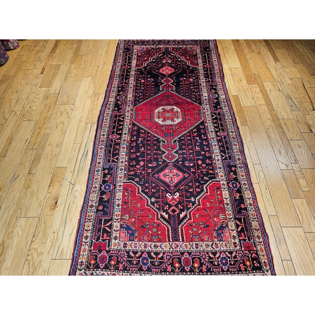 Vintage Persian Hamadan Gallery Rug, Hand-Knotted Wool, Geometric Medallion Pattern, Navy & Red, 6x12 For Sale - Image 10 of 17