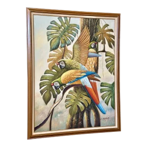 Coastal Tropical Signed Parrot Foliage Framed Oil Painting
