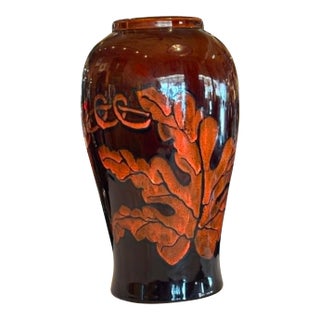 Glazed Ceramic Brown and Orange Leaf Motif Large Vase For Sale