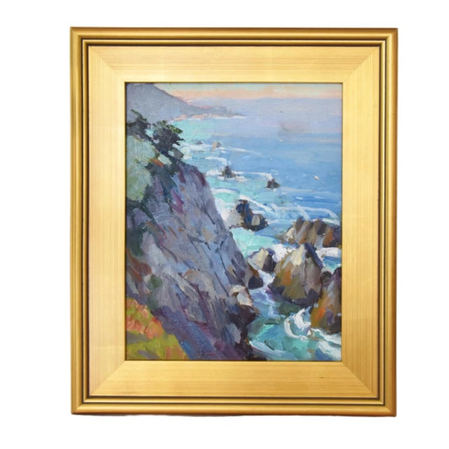 Wood Silvio Silvestri, Listed Artist Rocky Ocean Waves Seascape Landscape Oil Painting Including the Antiqued Gold Frame For Sale - Image 7 of 10