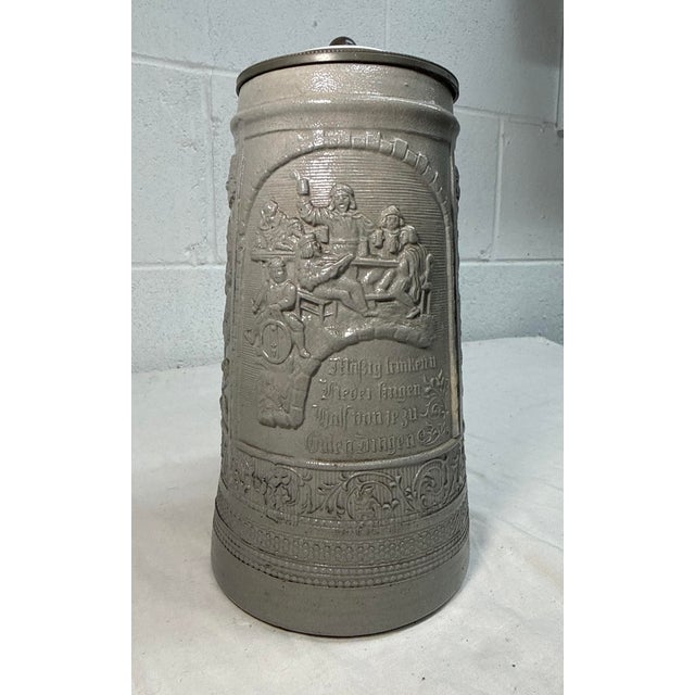 Figurative Large Antique 1800's German Pottery Porcelain Pewter Lidded Beer Stein Mug For Sale - Image 3 of 13