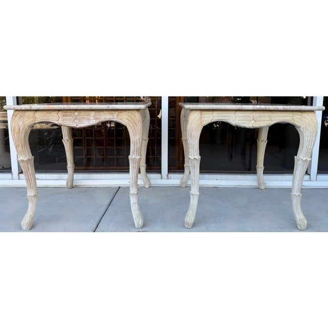 French Provincial Pair of French Provincial-Style Side Tables With Marble Tops and Carved Wooden Legs For Sale - Image 3 of 7