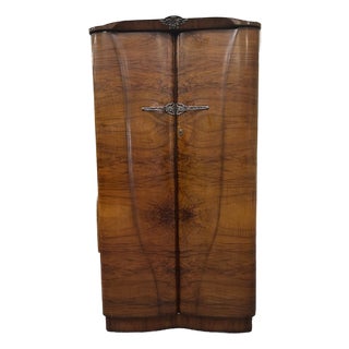 Curvaceous Deco Walnut Armoire. Labelled & Fitted Interior c.1930's For Sale