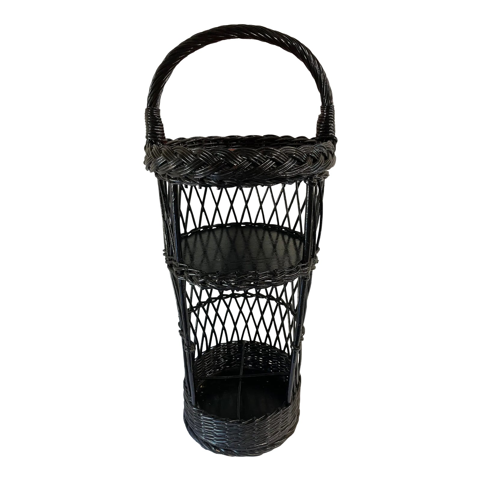Vintage Black Wicker Drink Table With Fitted Bottle Holder Inside