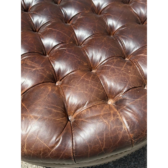 Chesterfield-Style Round Chocolate Leather Ottoman-Vintage For Sale - Image 4 of 7