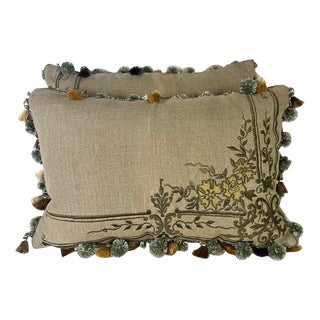 Pair of Custom Embroidered Linen Pillows W/ Tassel Fringe For Sale