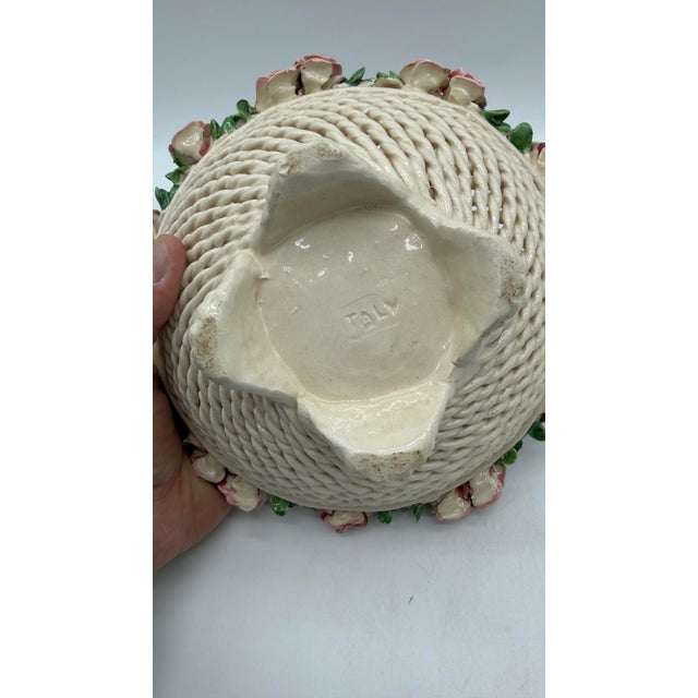 A Vintage Italian Capodimonte Woven Creamware Wedding Basket With Rose Decorations, Circa 1950's For Sale - Image 9 of 12