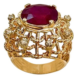 4 Carat Treated Ruby and Diamond 14 Karat Yellow Gold Cocktail Ring