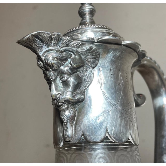 Silver Antique 1800's Ornate Silverplate Etched Crystal Glass Wine Claret Decanter For Sale - Image 8 of 13