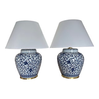 Contemporary Oversized Ginger Jar Lauren Ralph Lauren Lamps in Cobalt Blue and White Tamarind Pattern With Hold Fittings, a Pair For Sale
