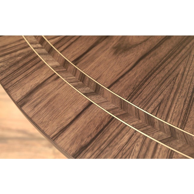 2020s Black Walnut and Brass Inlaid Pedestal Table With Saber Legs by Jonathan Charles For Sale - Image 5 of 15