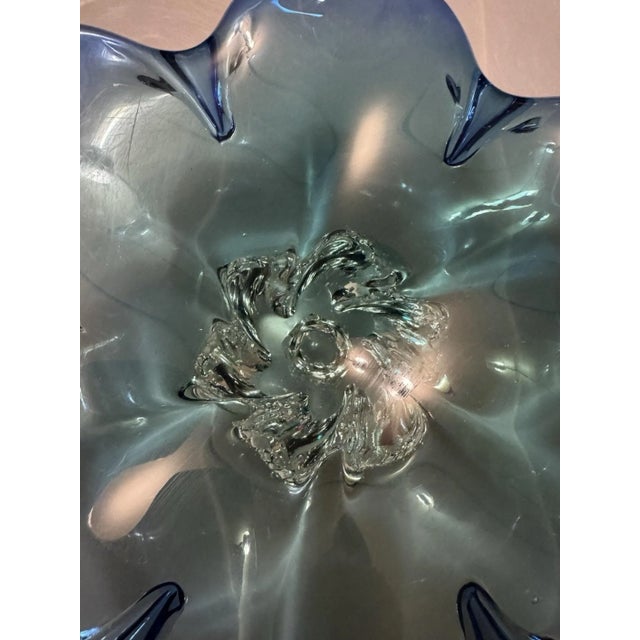 Hand-Blown Blue Green Art Glass Bowl Iridescent Flower Scalloped Bowl Vintage Royal Gallery Poland For Sale - Image 9 of 10