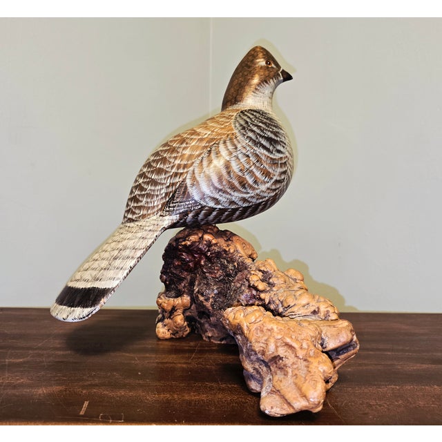 Realism 1990s Vicki Hughes, Signed, Hand‑Carved Ruffed Grouse Sculpture — Wildlife Art For Sale - Image 3 of 12