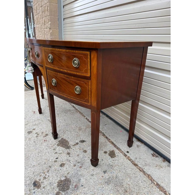 English Baker History Charleston Collection Mahogany Inlaid Bow Front Sideboard. For Sale - Image 3 of 11