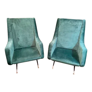 Pair of MCM Green Velvet Armchairs After Marco Zanuso