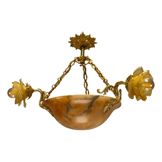 French Neoclassical Style Amber Alabaster and Frosted Glass Chandelier, 1920 For Sale