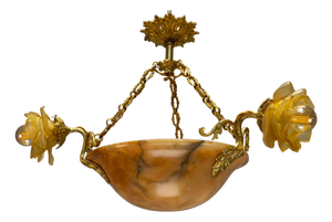 French Neoclassical Style Amber Alabaster and Frosted Glass Chandelier, 1920