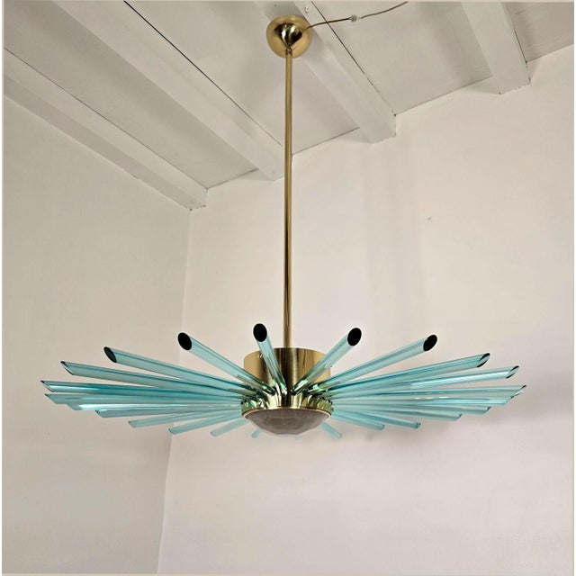 1980s Green Glass and Brass Sputnik Chandelier, Italy For Sale - Image 4 of 10