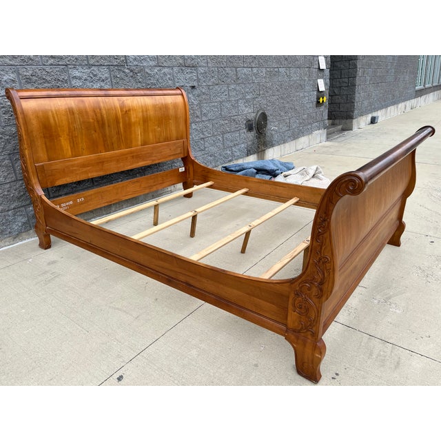 Late 20th Century Vintage Ethan Allen Carved Sleigh Bed Queen Size