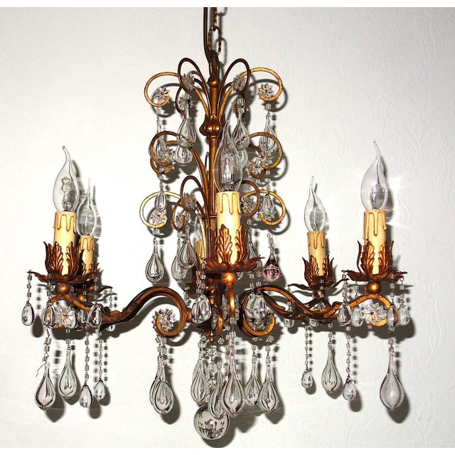 Antique Art Nouveau Gilded Metal and Murano Glass Drop Chandelier, 1920s For Sale - Image 14 of 14