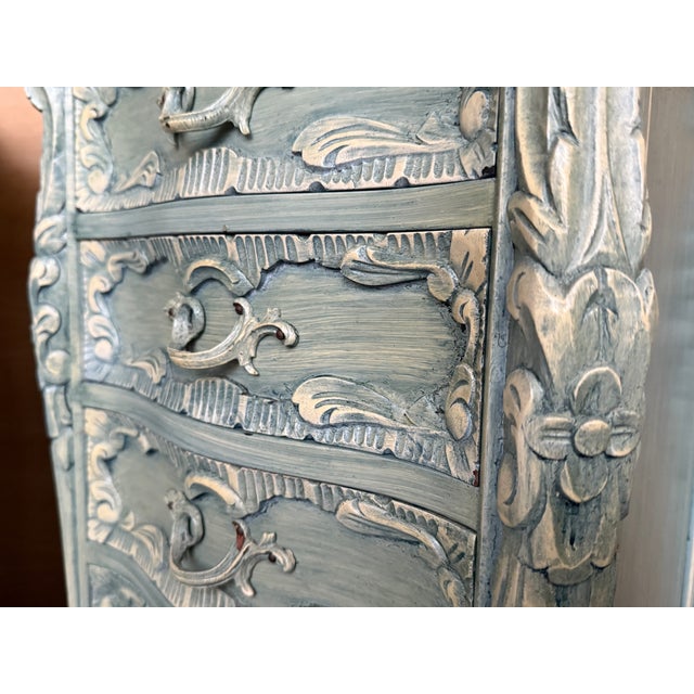 Wood 1950s Pair of Solid Wood Carved Turquoise Nightstands With Five Drawers, Signed For Sale - Image 7 of 13