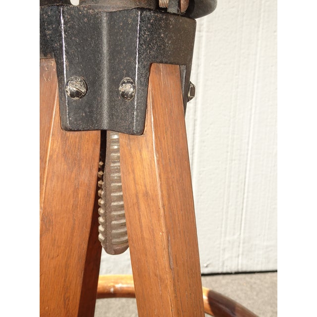 Brown Antique Industrial Adjustable Swivel Oak Drafting Stool Barstool 1of3 ~ # 3 For Sale - Image 8 of 18
