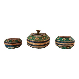 Vintage Multicolored Handwoven Baskets For Sale