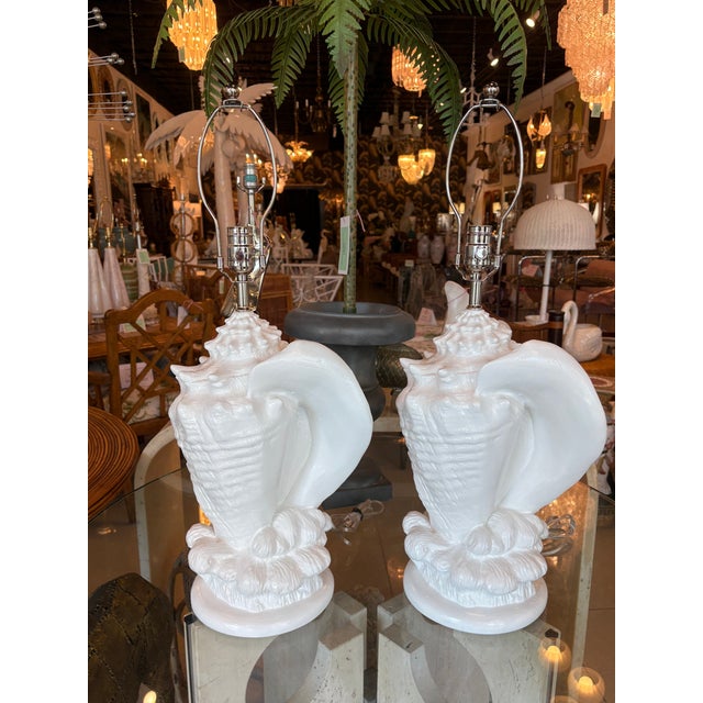 1970s Vintage Pair Palm Beach Plaster Shell Table Lamps Serge Roche Style Newly Wired For Sale - Image 5 of 14