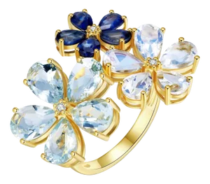 Nina Zhou Aquamarine Moonstone Sapphire Diamond Flower Blossom Cocktail Ring in 14k Yellow Gold, Size 6