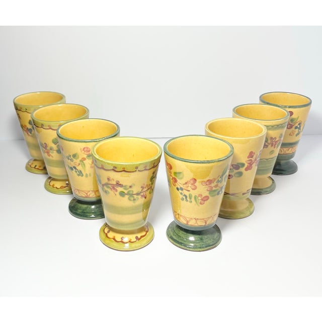 French Country Terre E Provence Yellow & Green Ceramic Footed Tumbler Drinking Glasses - Set of 8 For Sale - Image 3 of 5