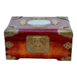 Vintage Chinese Decorative Square Box W/Carved Stone & Brass Mounts
