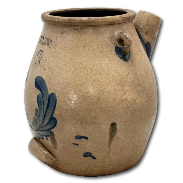 Blue Rare Large 2 Gallon Size Antique American Blue Decorated Stoneware Batter Jug by Evan R Jones Pittston Pennsylvania 1860s For Sale - Image 8 of 18