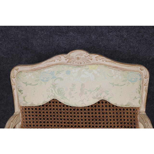 Pair Louis XV Style French Cream Distressed Painted Cane Back Armchairs For Sale - Image 12 of 16