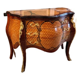French Rococo Bombe Commode – Rich Wood Marquetry, Gilded Bronze Details & Sculptural Curved Design For Sale