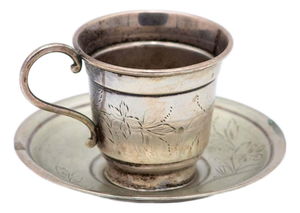Silver Cup and Saucer with Engraved Floral Motifs, Set of 2