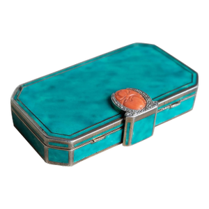 French Art Deco Silver, Enamel, Coral & Diamond Compact Box by Augusta Peyroula, 1920s