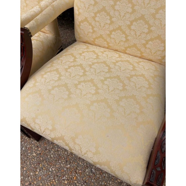 Traditional Pale Buttercream Yellow Damask Carved Mahogany Martha Washington Library Living Room Chairs, a Pair For Sale - Image 9 of 12
