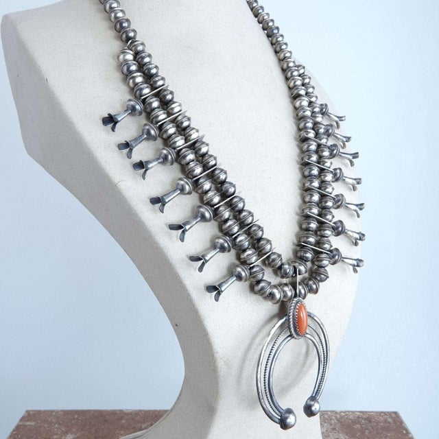 Phil Garcia Navajo Sterling and Coral Squash Blossom Necklace For Sale - Image 4 of 7