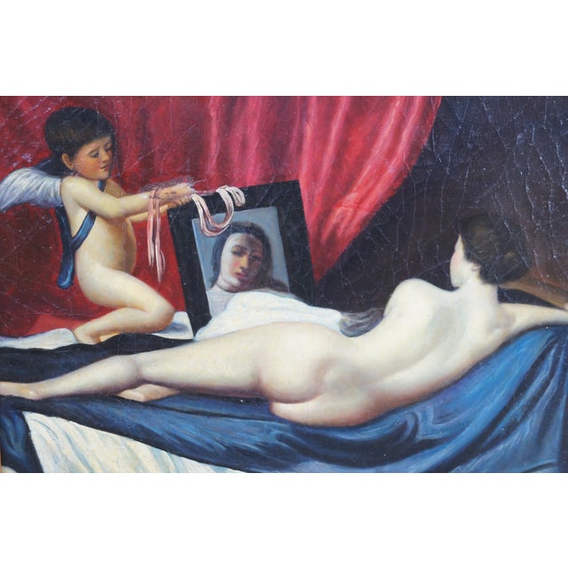 Vintage Baroque Style Reclining Female Nude Oil Painting Divan Cherub Framed 38" For Sale - Image 11 of 12